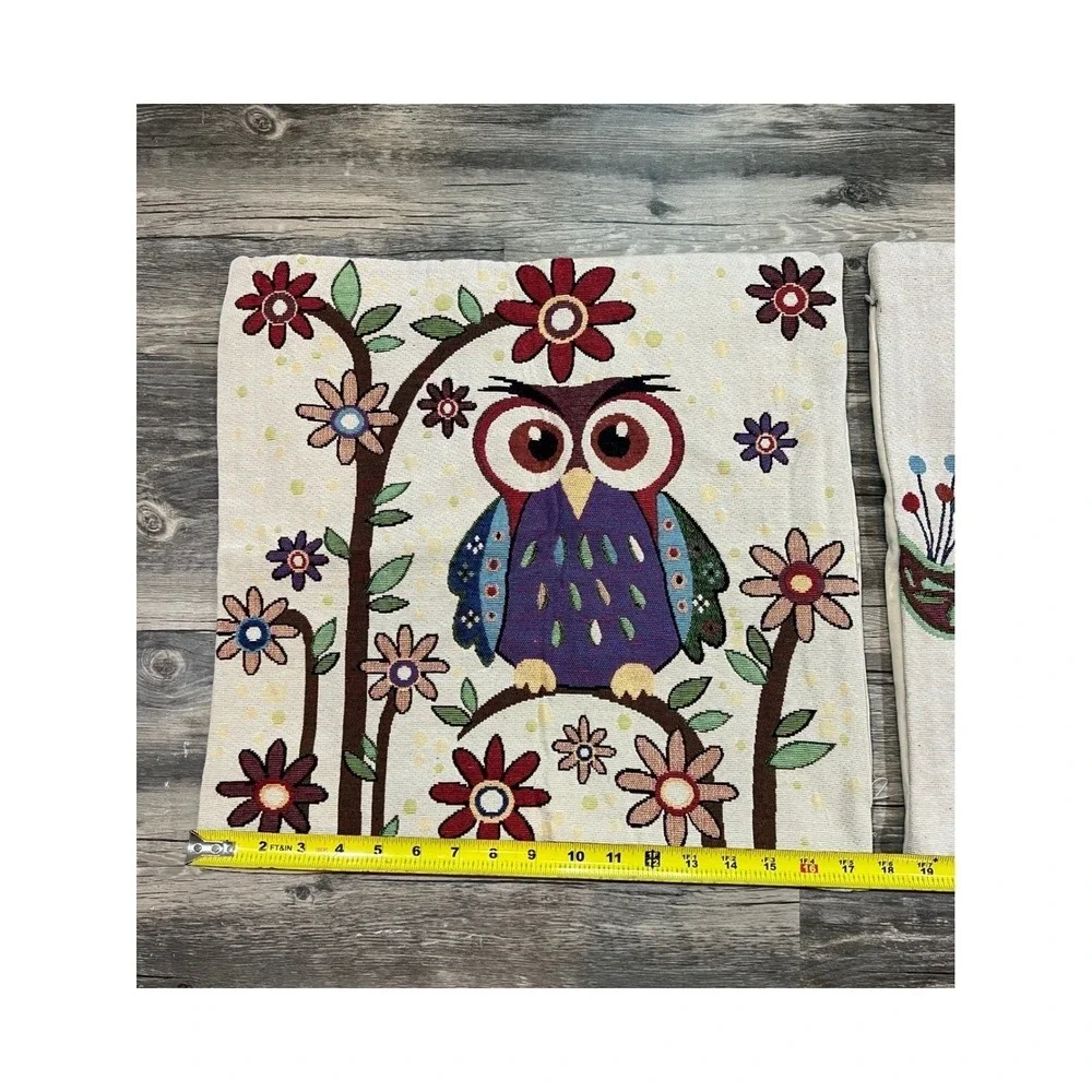 VTG Style Woven Owl Tapestry Pillow Covers Set‎ Boho Folk Art Cottagecore Decor